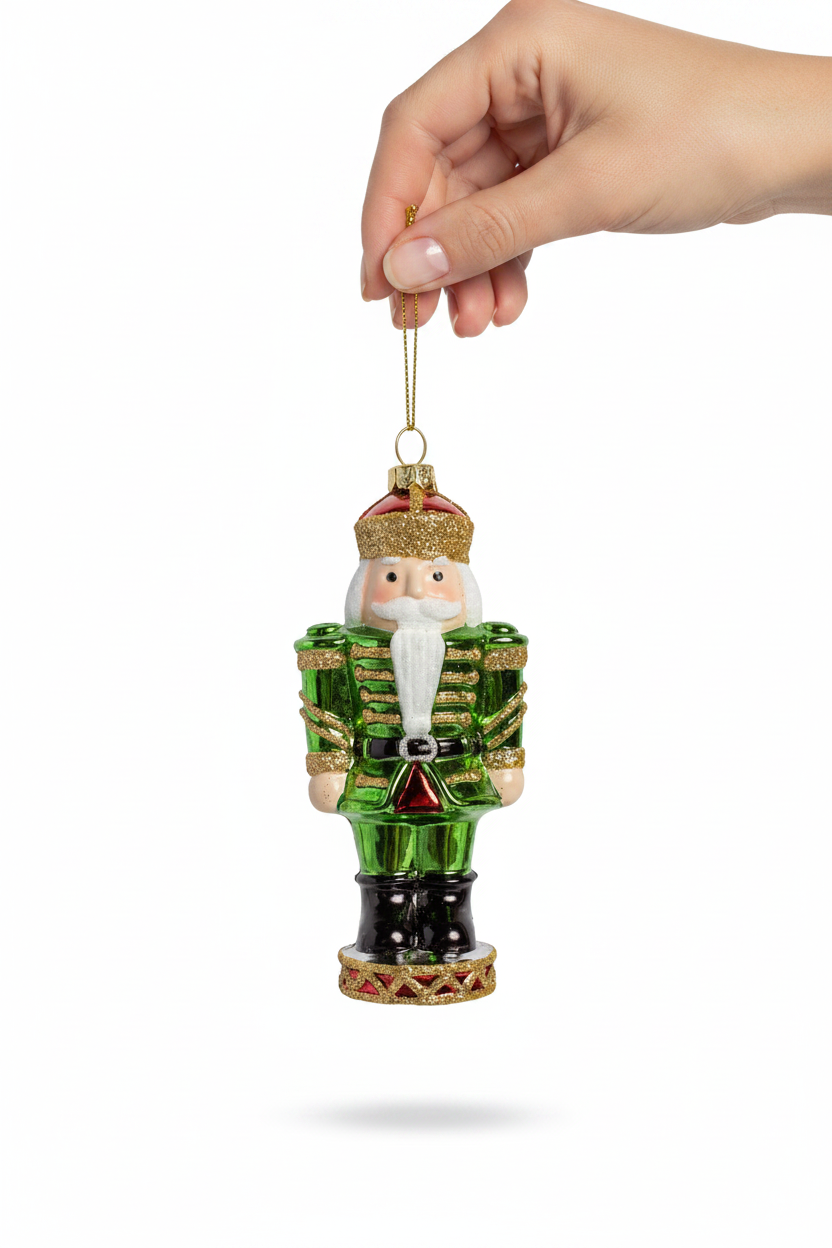 Ashford Nutcracker Ornament in green with a green coat and gold glitter crown and base.