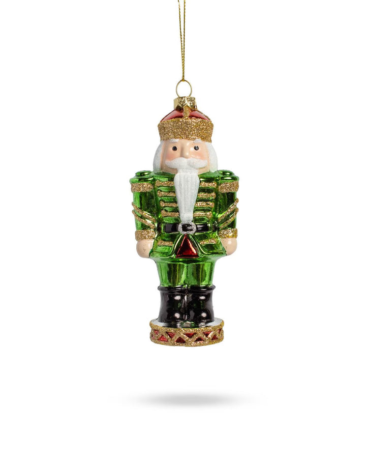 Ashford Nutcracker Ornament, green with gold glitter hat, white beard, and black boots.