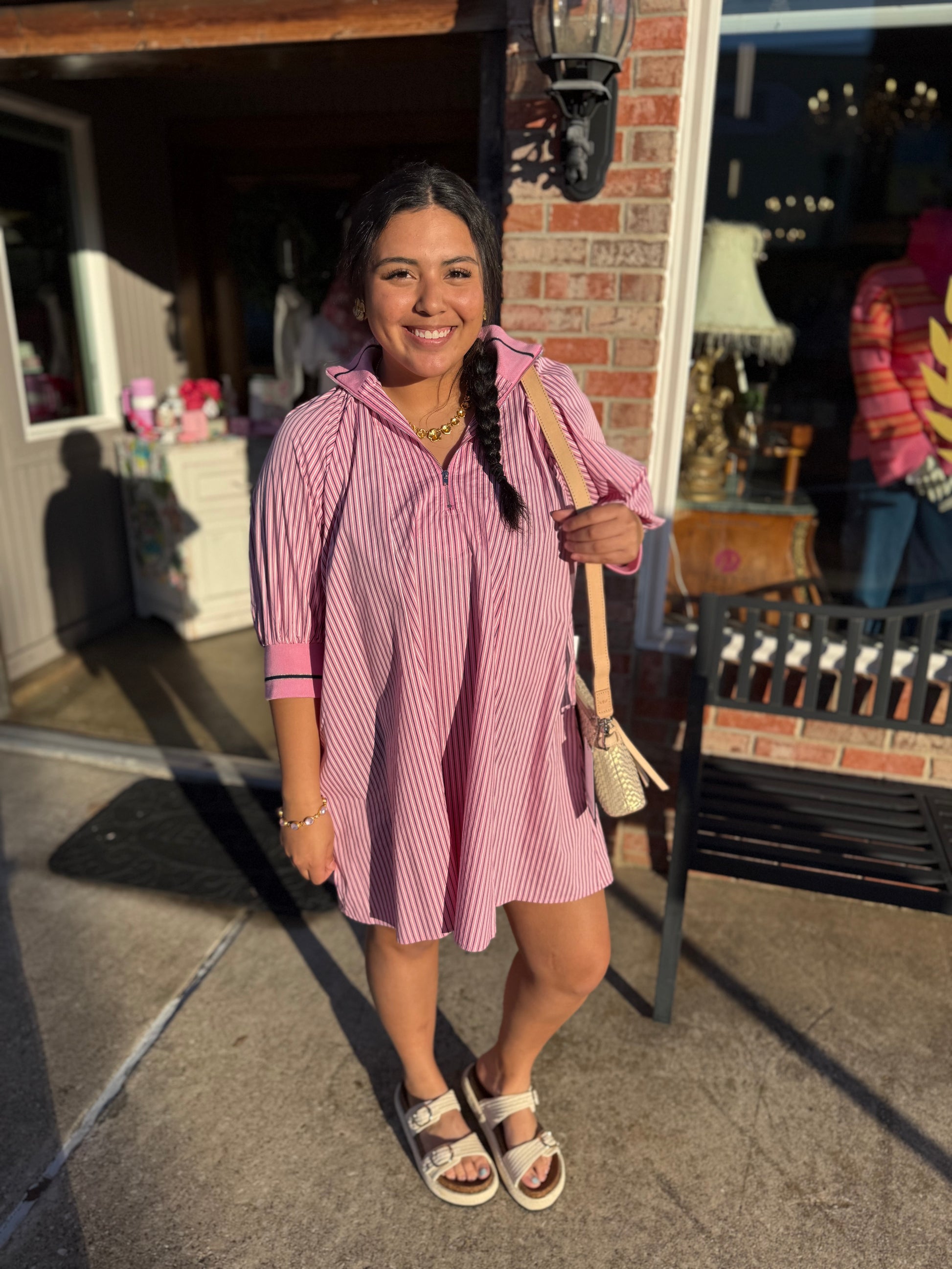 Pink Mock Neck Band Puff Sleeve Dress, available in sizes XS-XL. Features puff sleeves and mock neck.
