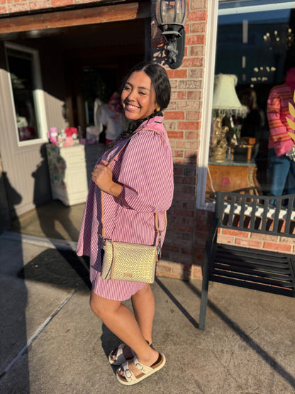 Pink Mock Neck Band Puff Sleeve Dress featuring banded neck and puff sleeves. Available in sizes XS–XL.