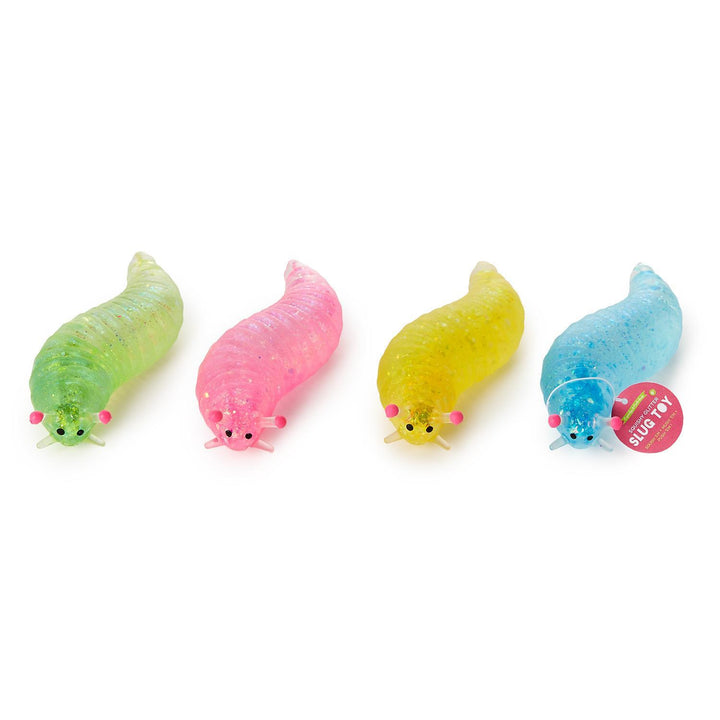 Four glittery, translucent, segmented Squishy Glitter Slugs in green, pink, yellow, and blue.