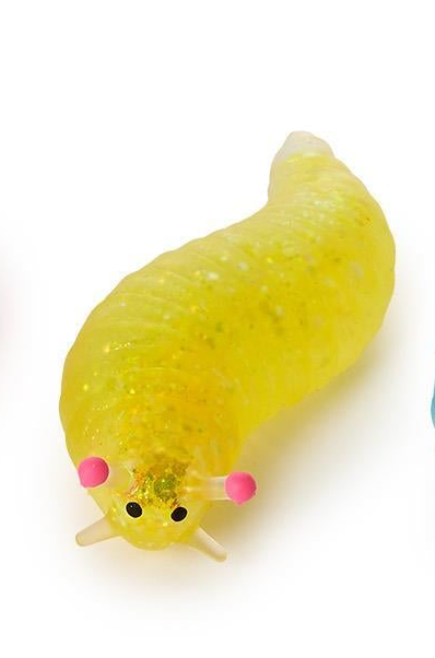 Yellow translucent glitter sensory slug with black eyes and pink-tipped antennae. Available in multiple sizes.