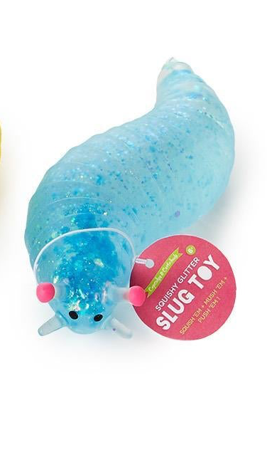 Translucent blue glittery Squishy Glitter Slug sensory toy with pink eyes.