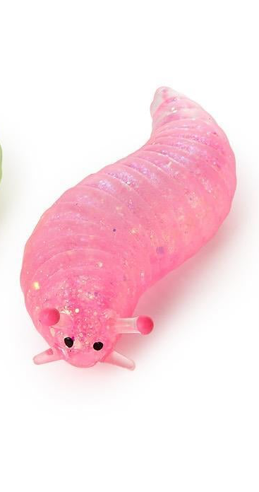 Pink glittery translucent sensory slug with antennae and black eyes.
