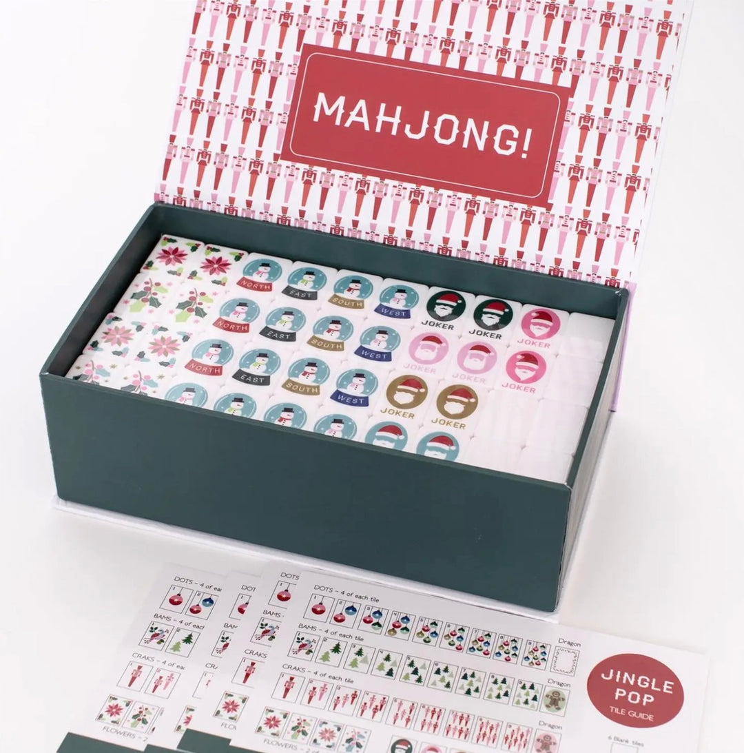 Christmas Mahjong set with festive illustrated tiles. Available in multiple sizes.