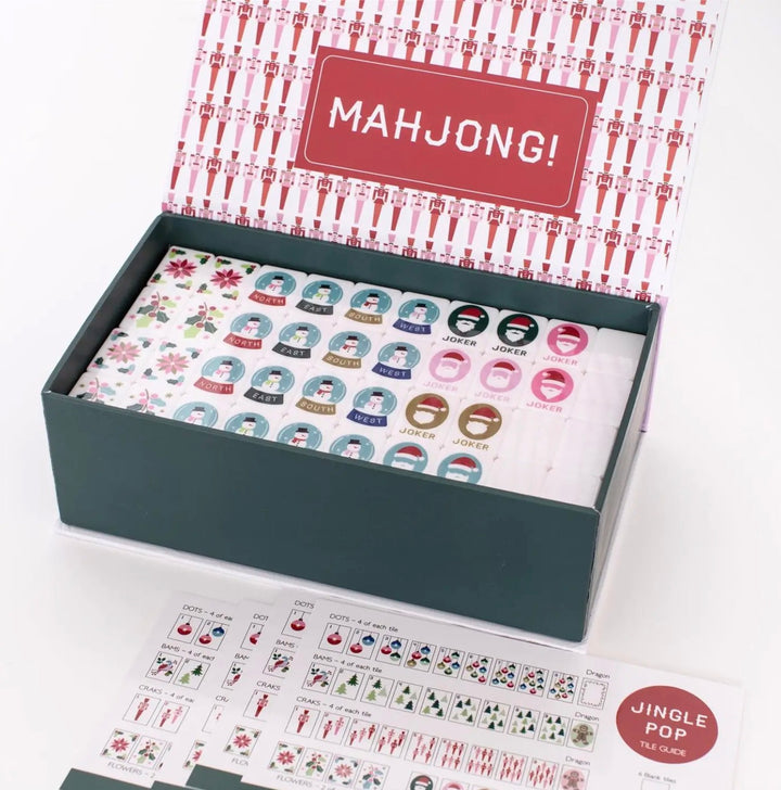 Christmas Mahjong set with festive illustrated tiles. Available in multiple sizes.