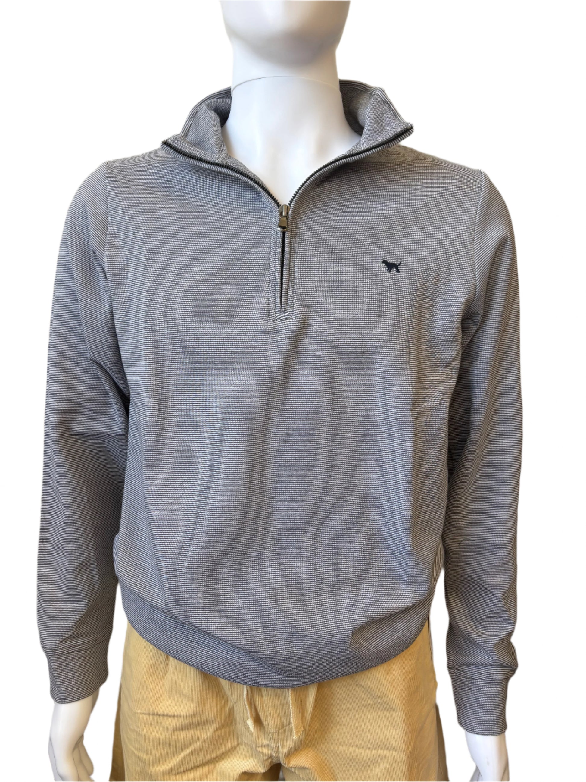 Men's Quarter-Zip Jacket with grey subtle stripe pattern, black dog logo. Lightweight for transitional weather. Sizes S-XXL.