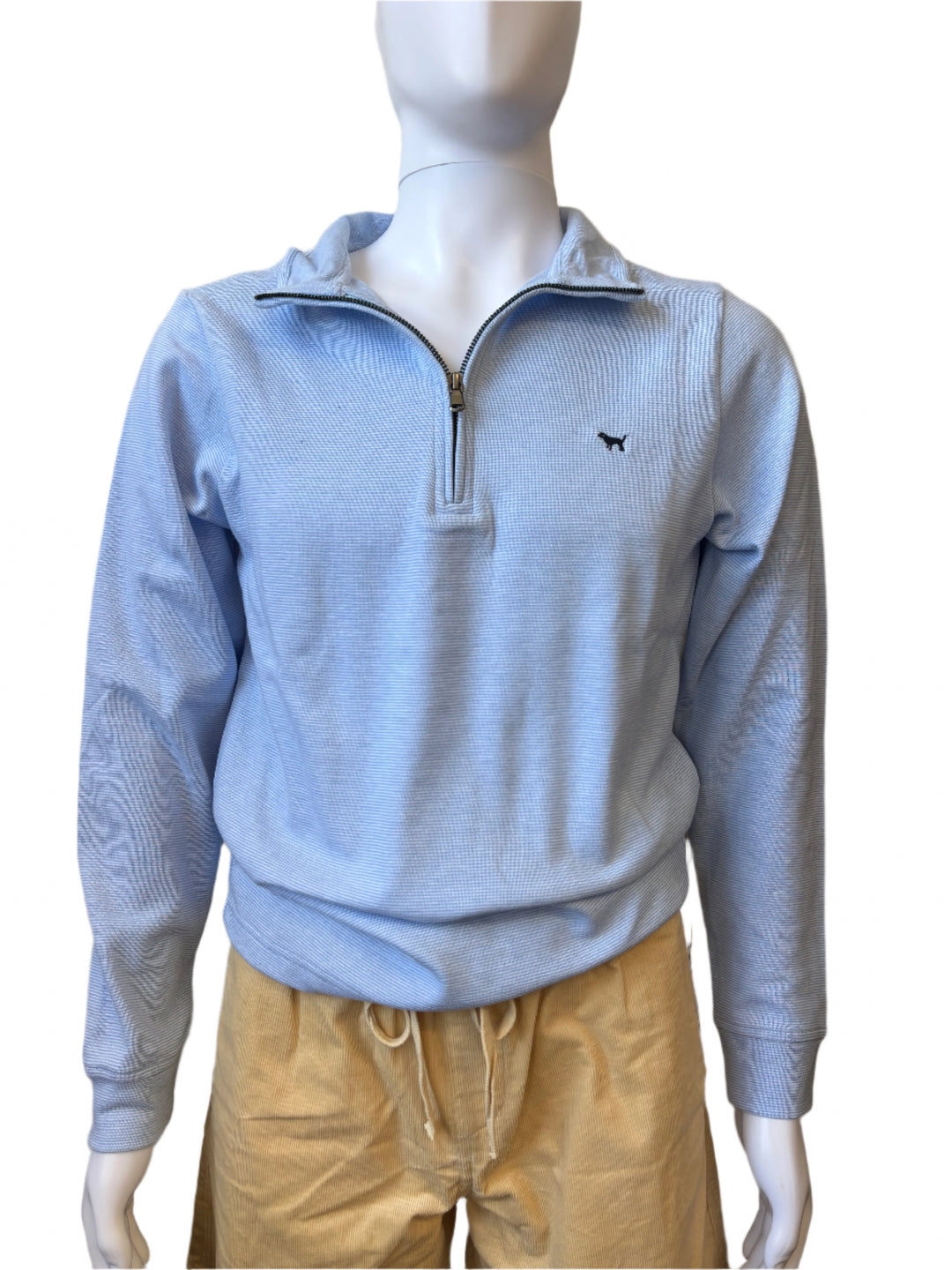 Men's light blue quarter-zip jacket with black dog logo on chest, ideal for transitional weather. Sizes: S-XXL.
