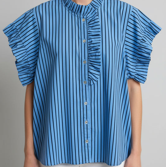 Blue and Black Ruffle Trim Button-Up Blouse with vertical stripes and ruffle sleeves. Available in sizes XS-XL.