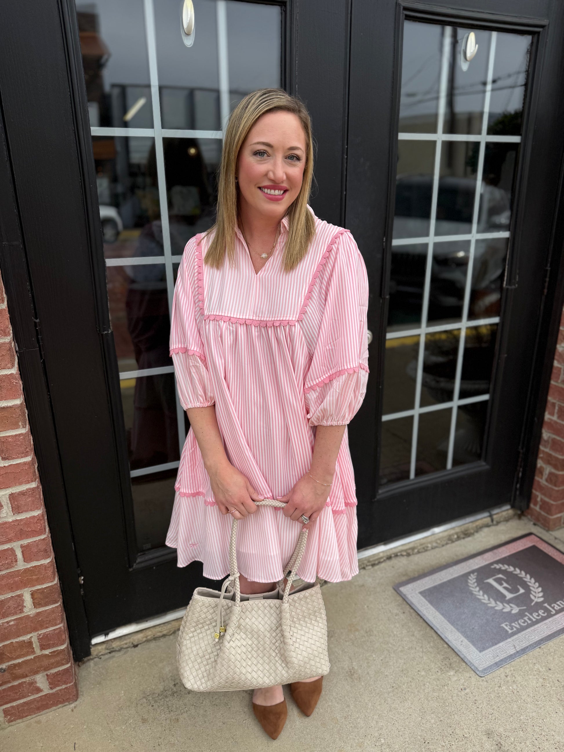 Pink Coastal Patch Dress; available in XS-XL. A versatile essential with a flattering silhouette and patchwork detailing.