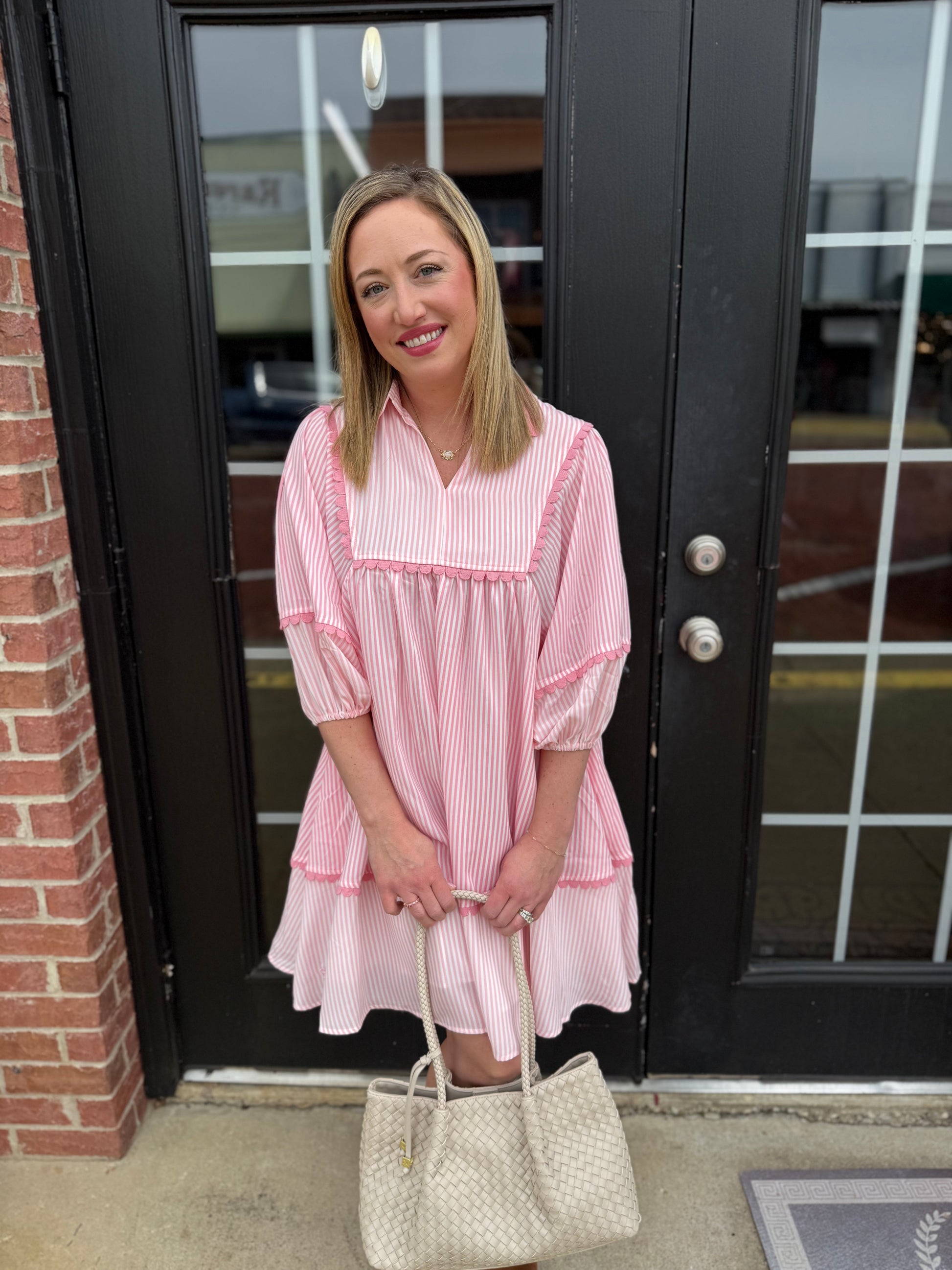 Pink Coastal Patch Dress with effortless, feminine style; available in sizes XS-XL.