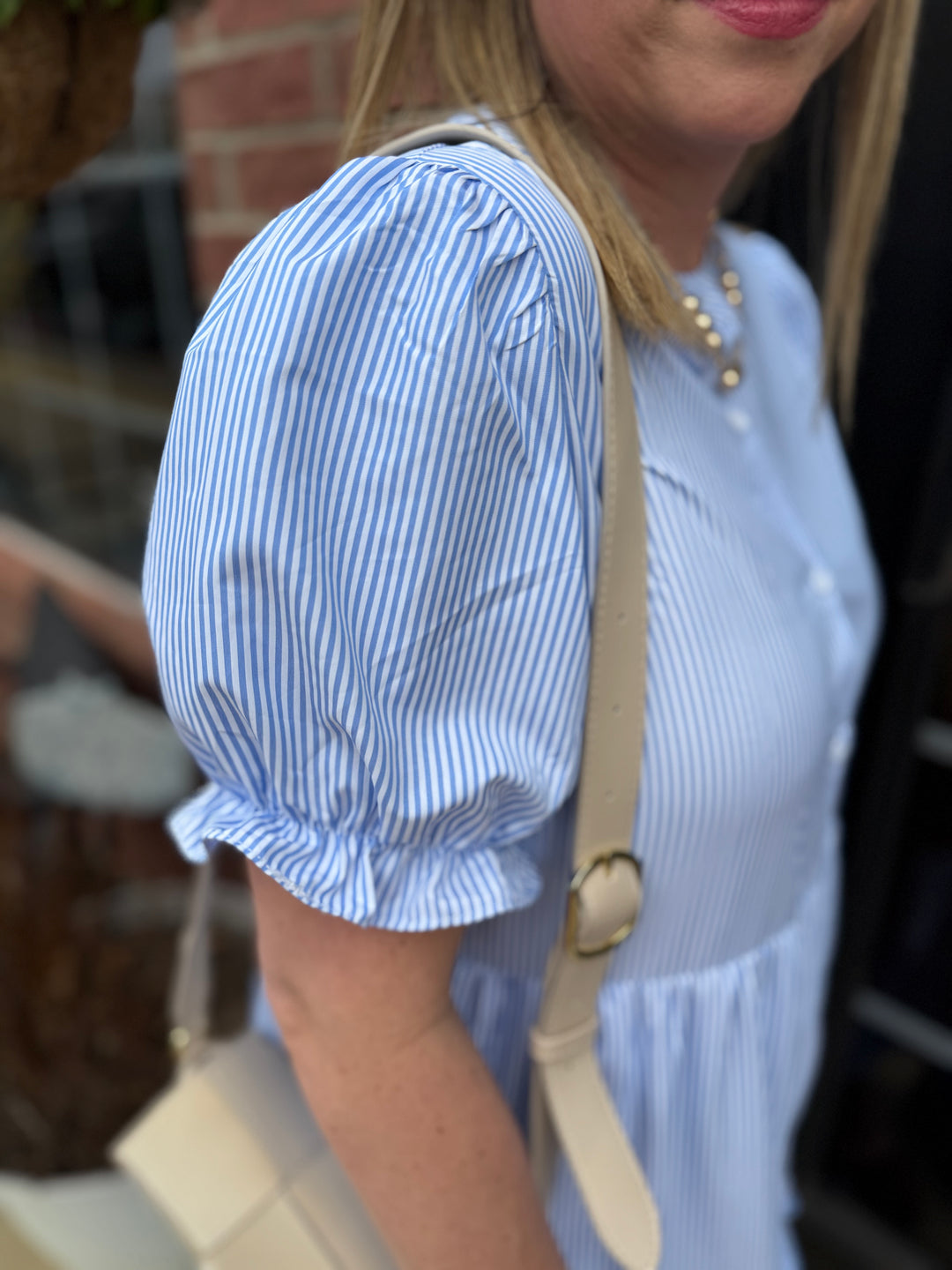 Seersucker Blue Ruffle Striped Dress with puff sleeves, available in sizes XS-XL.
