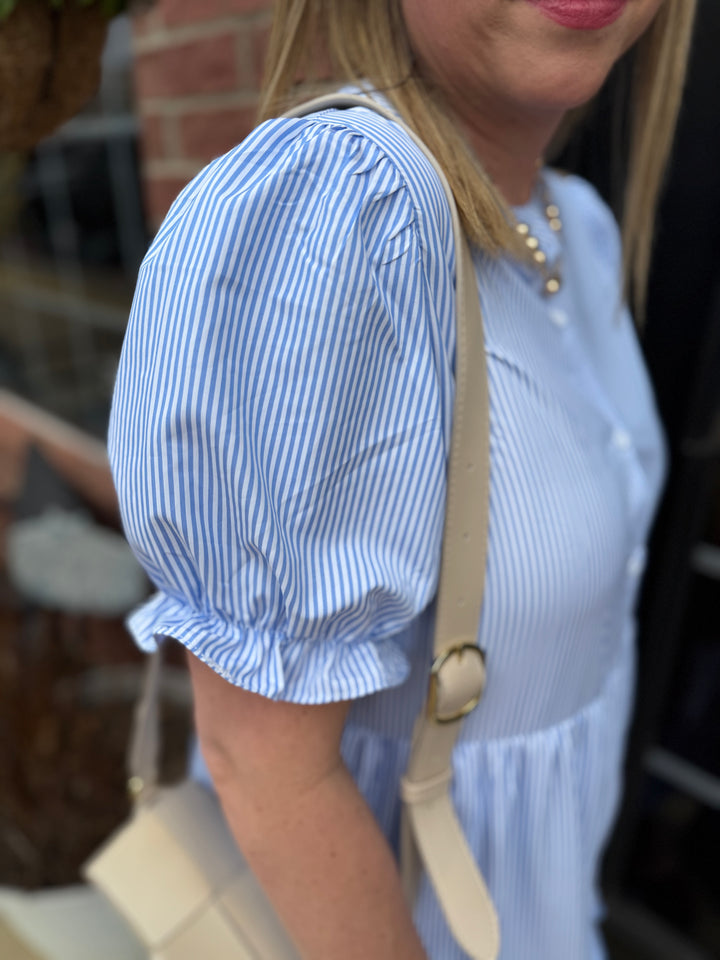 Seersucker Blue Ruffle Striped Dress with puff sleeves, available in sizes XS-XL.