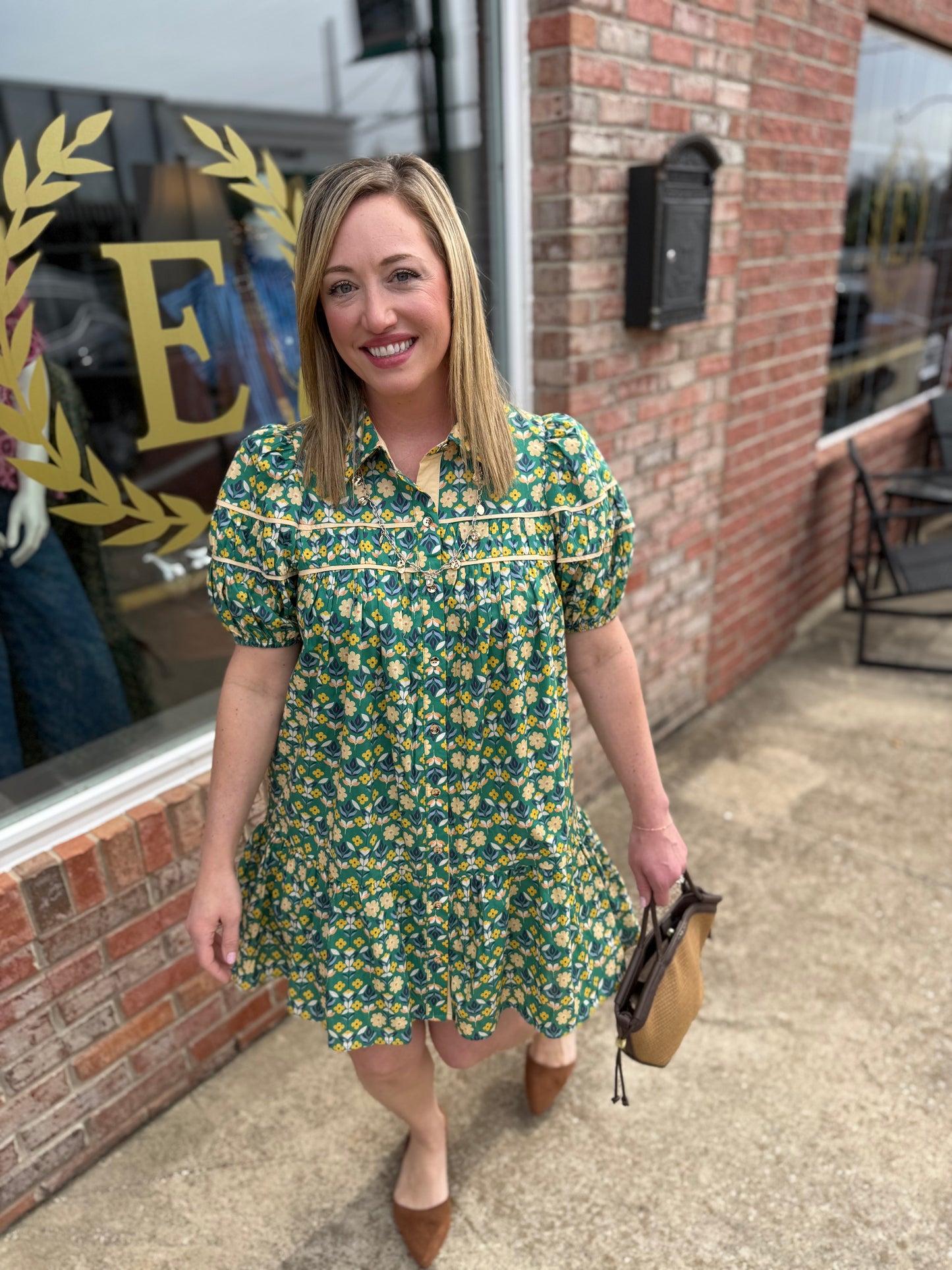 Green Floral Print Button Up Dress
