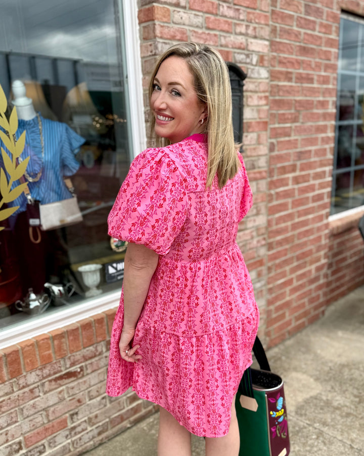 Kinsley Heirloom Vine Pink Dress with puff sleeves. Available in sizes XS–XL.