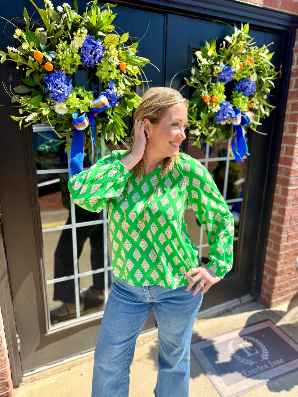 Scarlette Early Riser Green Top: V-neckline, flowy fit. Available in sizes S–XL.