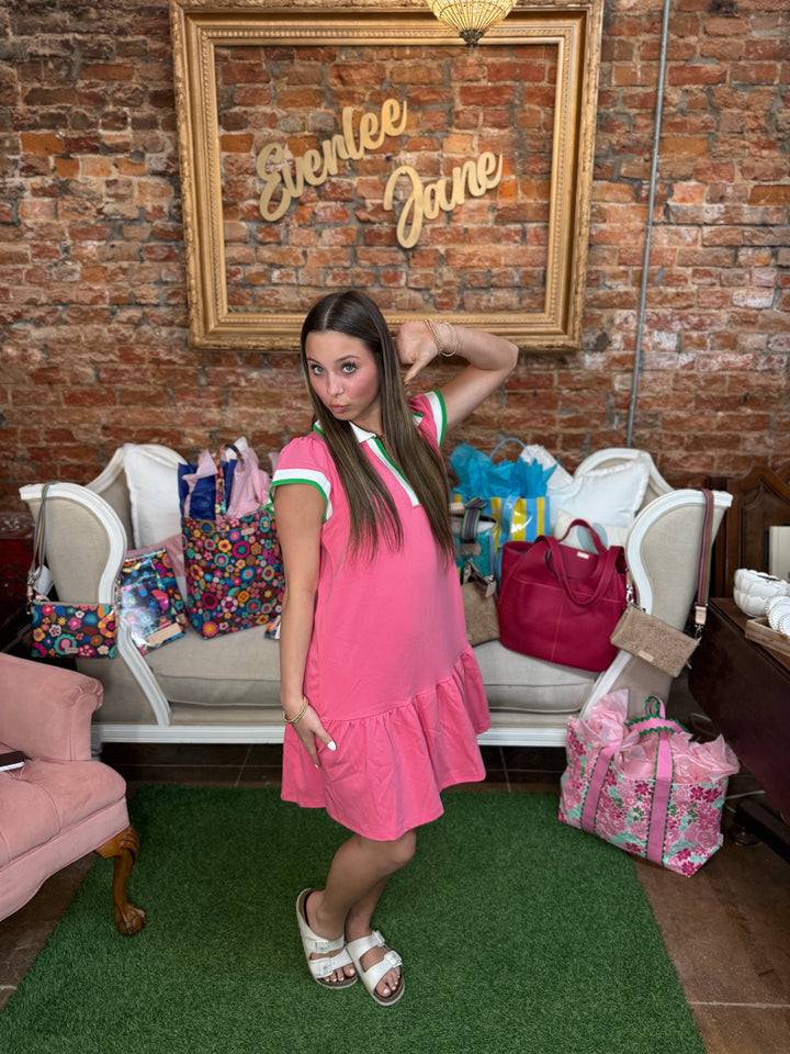 Carissa Dress in pink and white; available in sizes XS–XL.