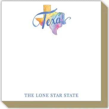 Mini Luxe Notepad with watercolor Texas outline, "Texas" in cursive, gold-edged corner. Thick cardstock. Sizes available.