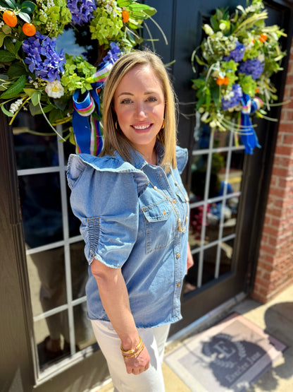 Ruffle Detail Button-Up Denim Shirt, available in sizes XS-XL.