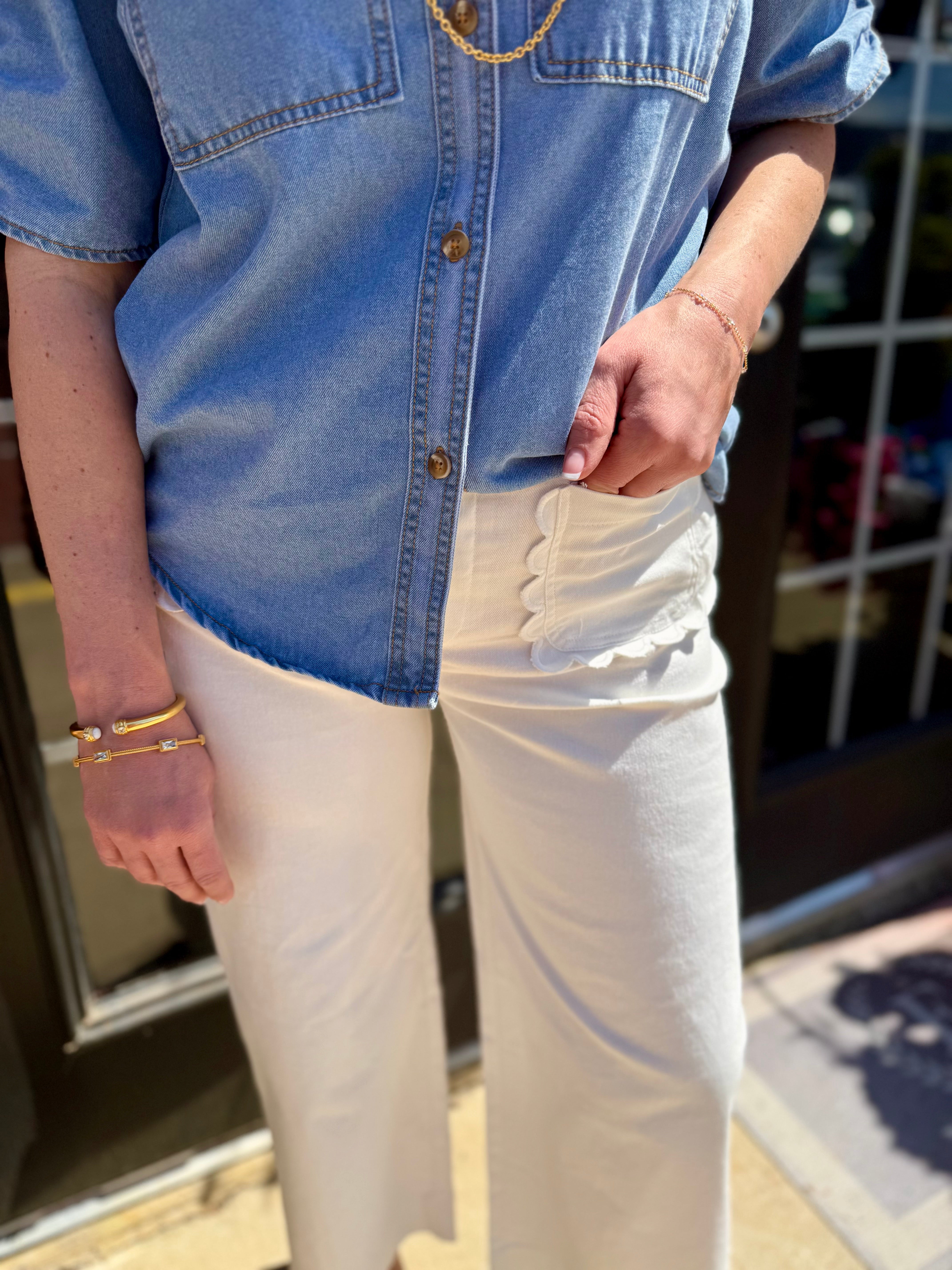 Colette White Cropped Wide-Leg Scallop Pocket Detail Pants