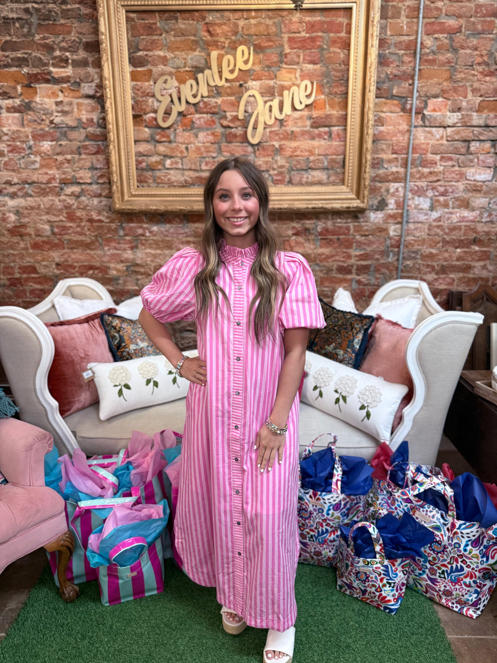 Striped Ruffle Puff Sleeve Midi Dress, 2 colors, available in sizes XS–XL.