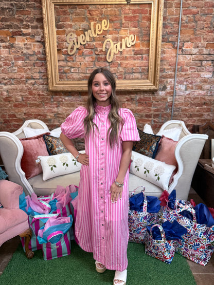 Striped Ruffle Puff Sleeve Midi Dress, 2 colors, available in sizes XS–XL.