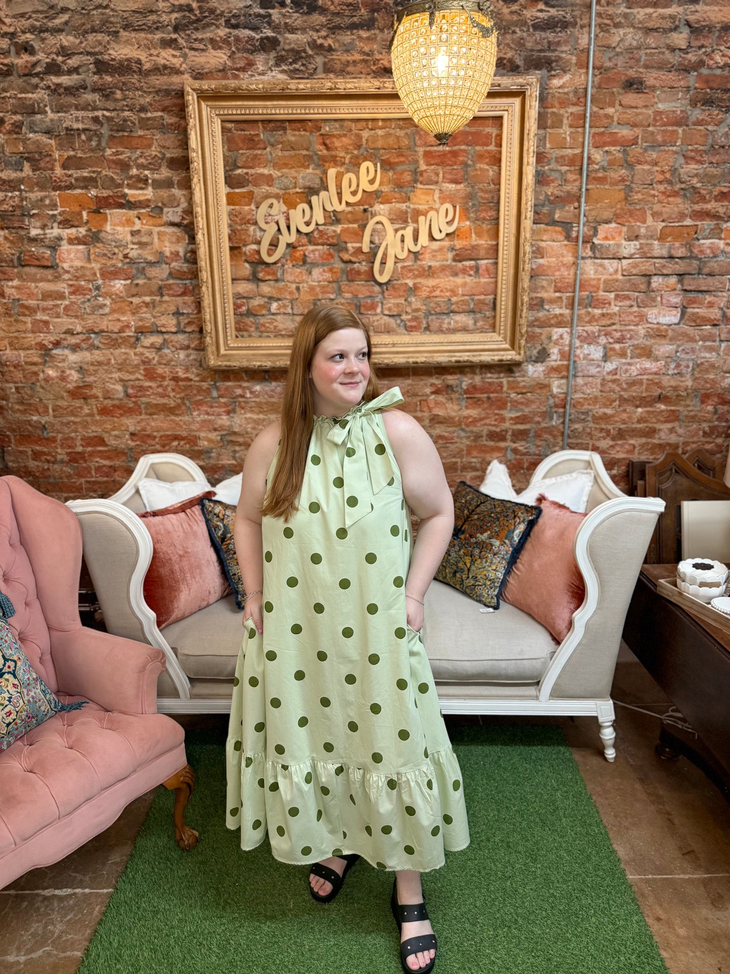 Dottie Sage Tie-Neck Midi Dress