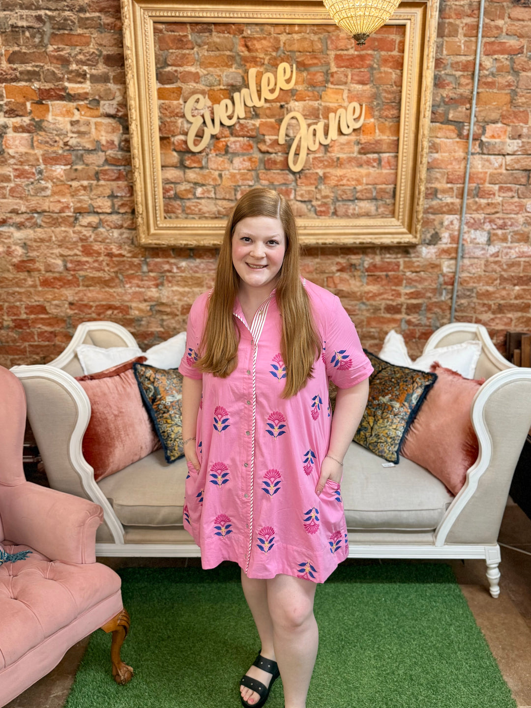 Pink Floral Embroidered Dress with floral detailing, available in sizes XS to XL.