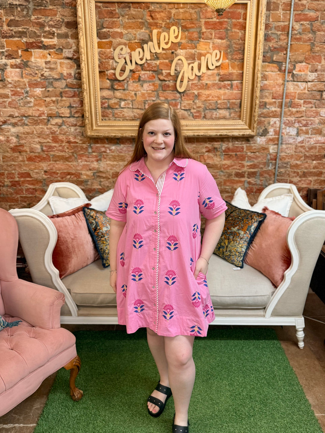 Pink Floral Embroidered Dress, available in sizes XS-XL. Features floral embroidery on pink fabric.
