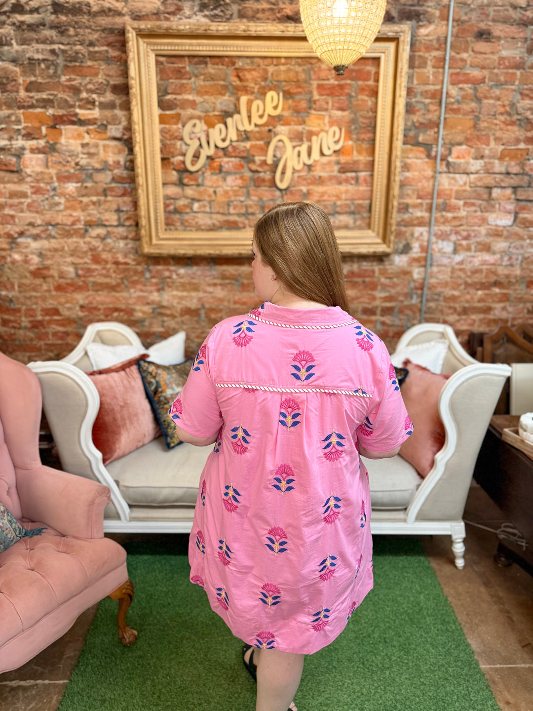 Pink Floral Embroidered Dress with detailed stitching. Available in sizes S-XL.