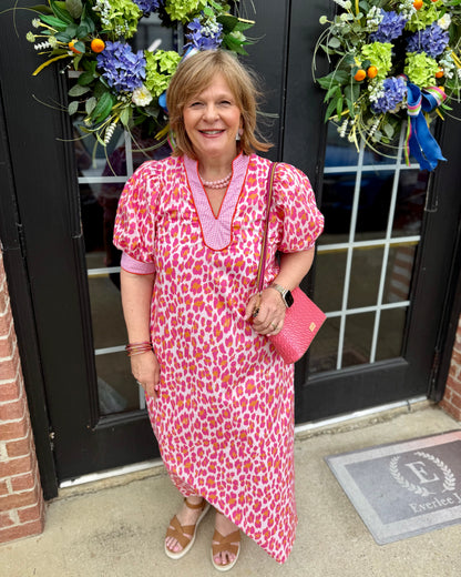 Pink Leopard Print Gingham Trim Midi Dress; available in sizes XS-XL.