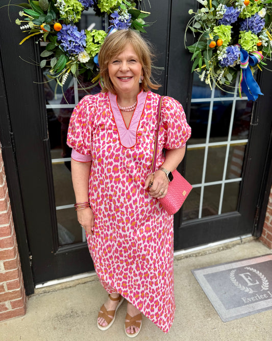 Pink Leopard Print Gingham Trim Midi Dress; available in sizes XS-XL.