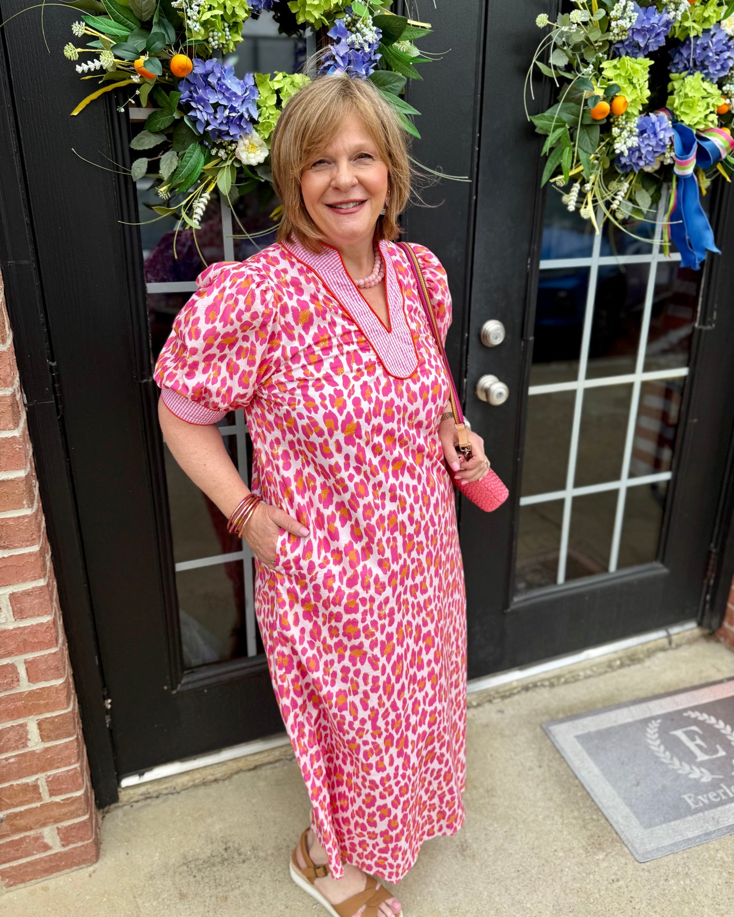Pink Leopard Print Gingham Trim Midi Dress, available in sizes XS-XL, with pink leopard pattern and gingham trim details.