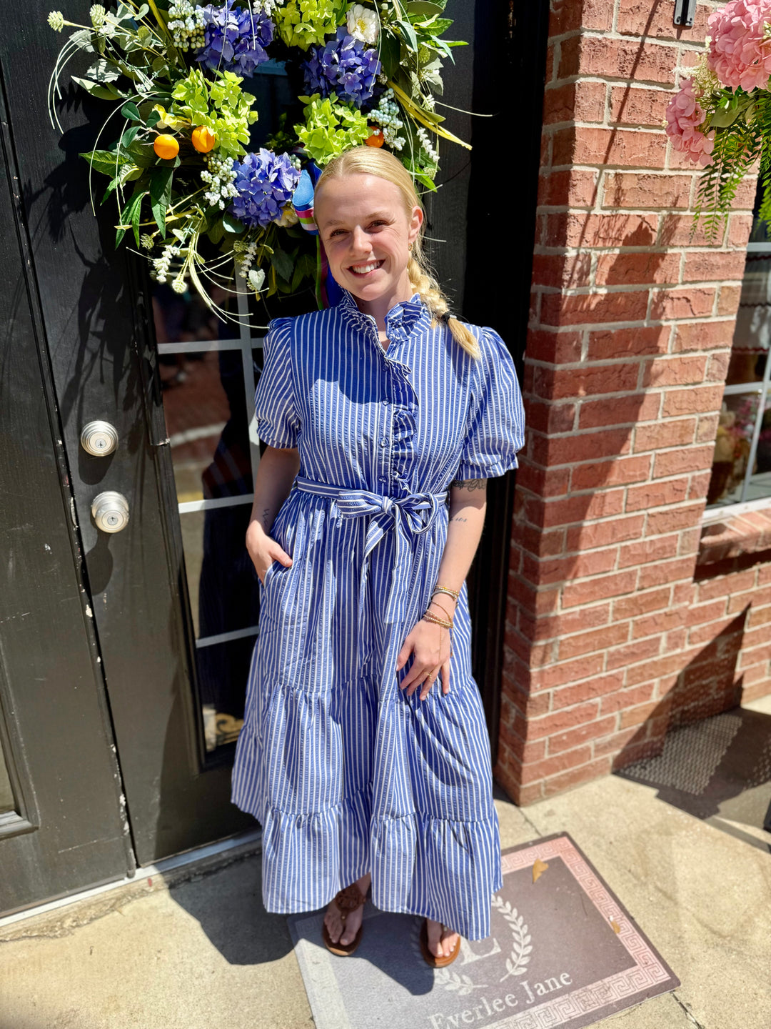 Royal Blue Tiered Stripe Midi Dress with layered skirt and short sleeves. Available in sizes XS-XL.