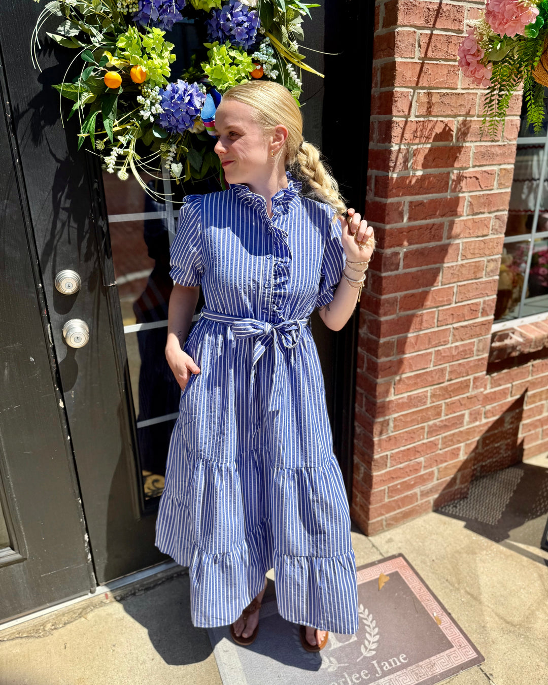 Royal Blue Tiered Stripe Midi Dress with tiered design and stripe pattern. Available in sizes XS-XL.