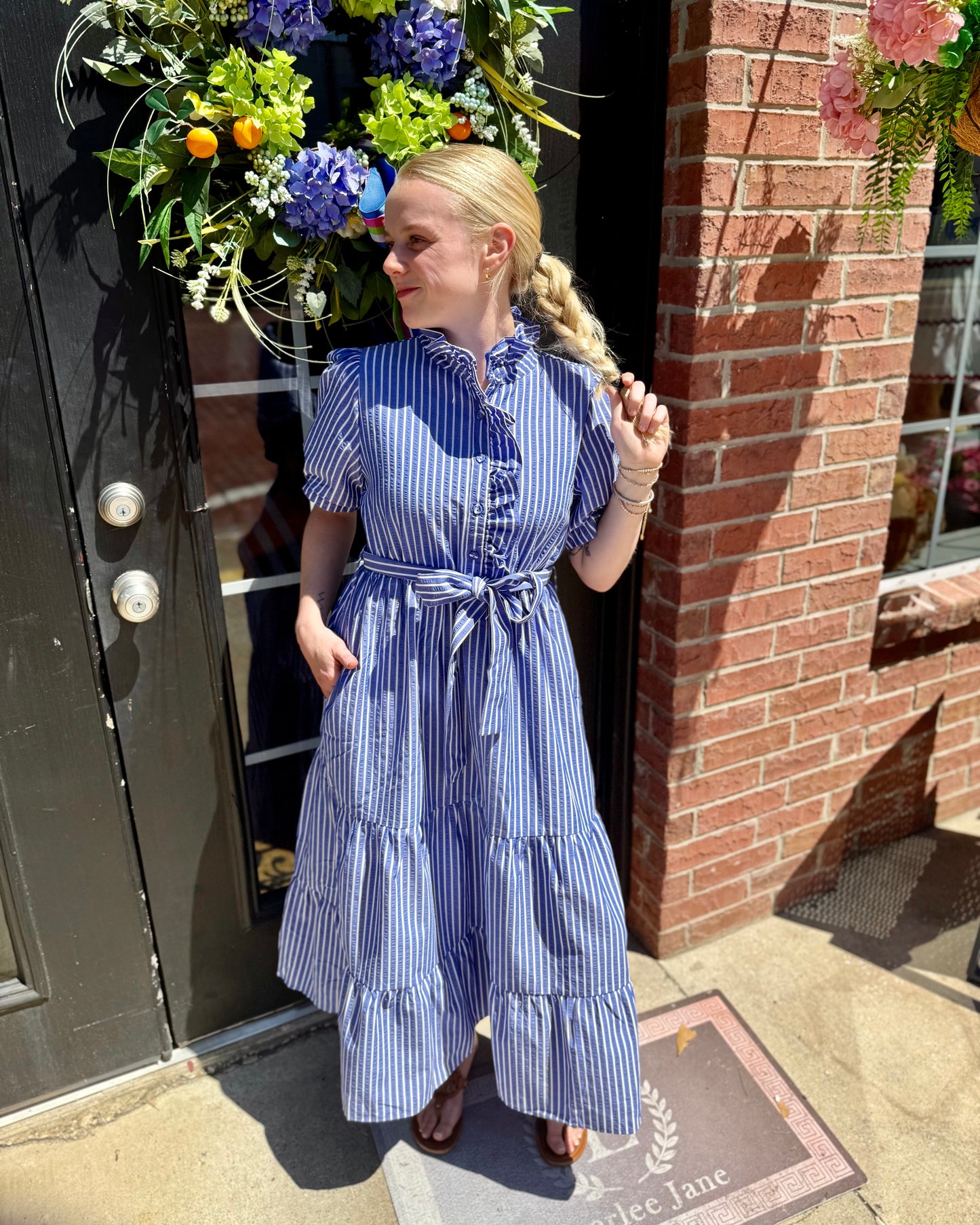 Royal Blue Tiered Stripe Midi Dress with tiered design and stripe pattern. Available in sizes XS-XL.