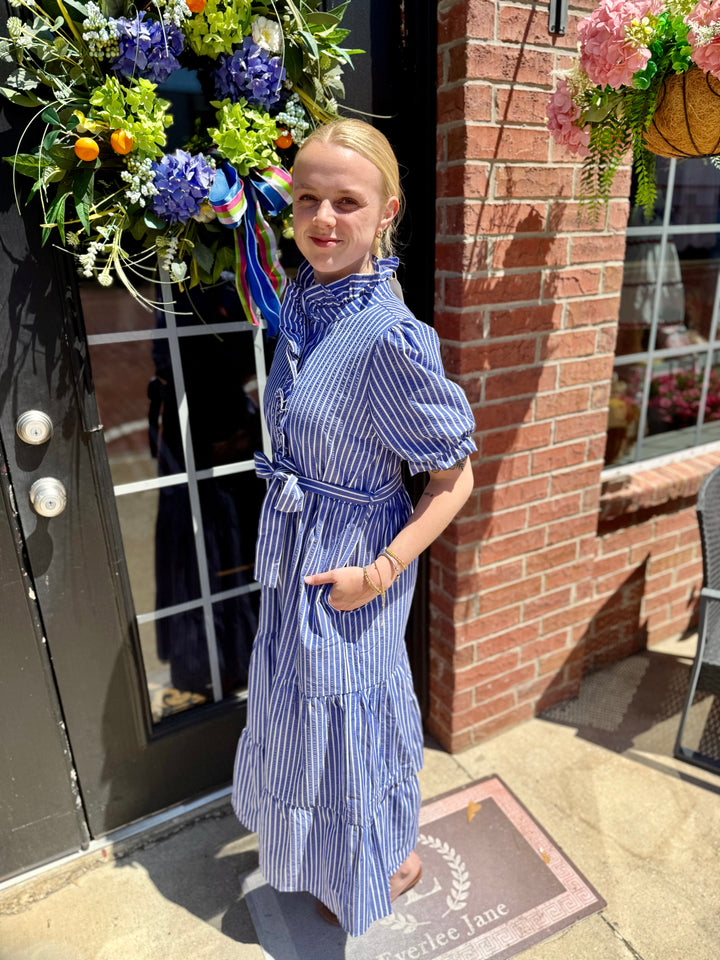 Royal Blue Tiered Stripe Midi Dress, features pockets. Available in sizes XS to XL.