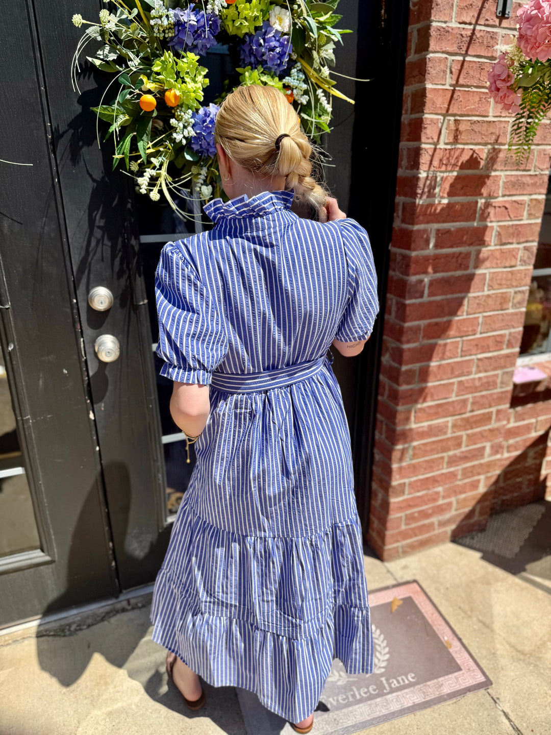 Royal Blue Tiered Stripe Midi Dress with tiered skirt and short sleeves. Available in sizes XS-XL.