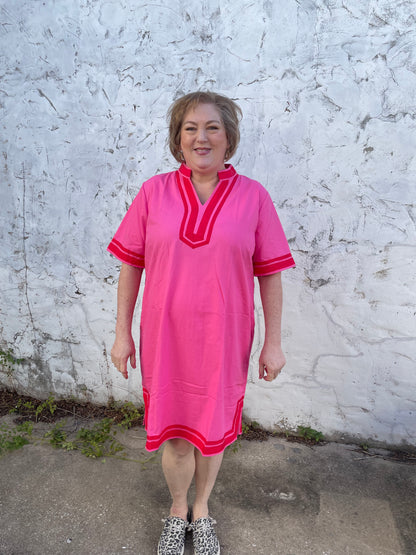 Luxe Woven Accent Dress with red trim. Available in sizes XS–XL.