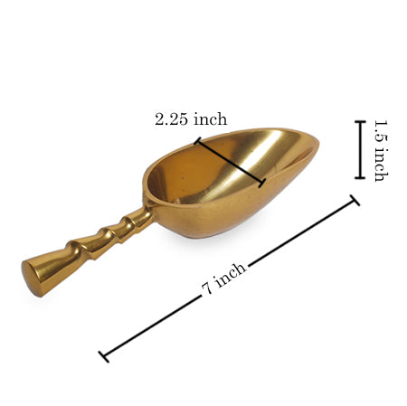 The Aluminum Gold Plated Small Ice Scoop measures 7"L x 2.25"W x 1.5"H, featuring a unique handle design and sleek, curved shape for luxury beverage service.