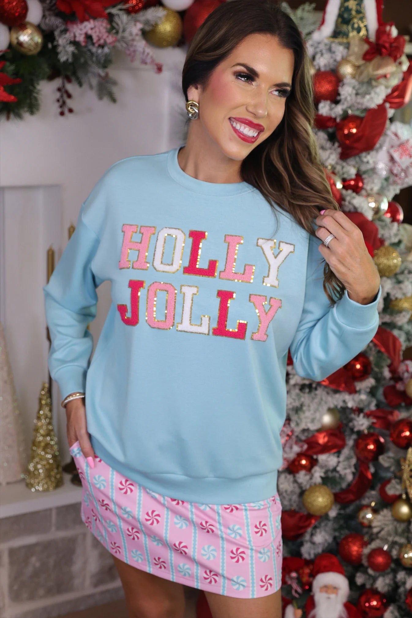 Holly Jolly Patch Luxe Pullover | Light Blue