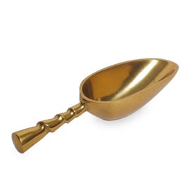 **Aluminum Gold Plated Small Ice Scoop**  
- Luxurious golden finish  
- Ornate, side-angled handle  
- Deep, oval-shaped basin  
- Polished reflective surface  
  
**Available Size:** Small.