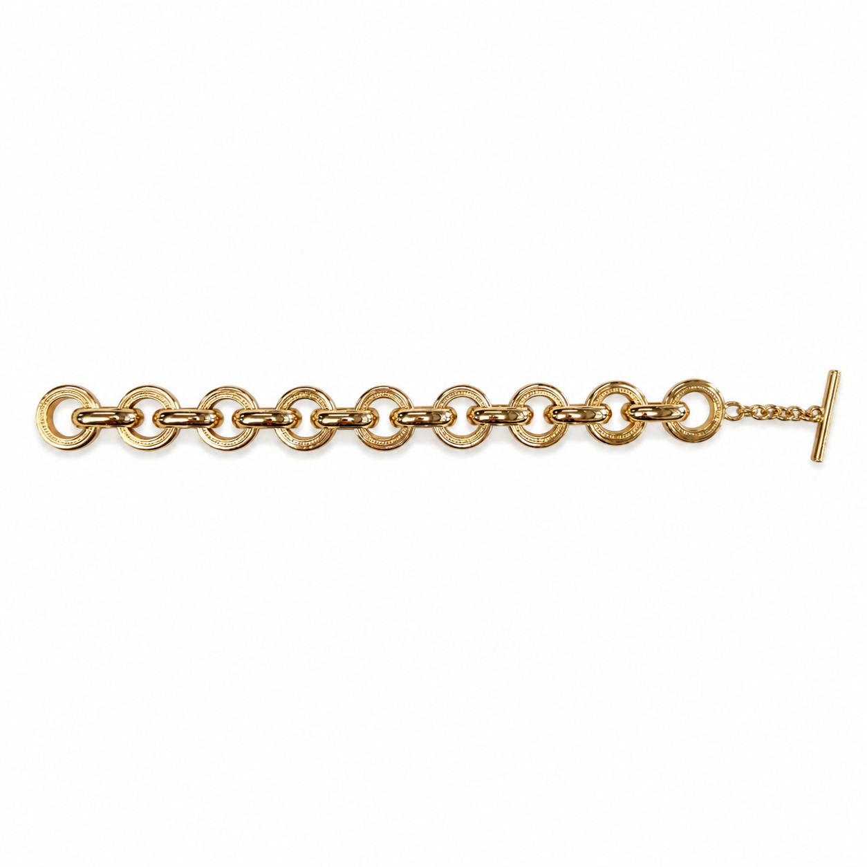 Interlocking Gold Link Toggle Bracelet with large circular gold-plated links and a toggle closure. Available in S, M, L.