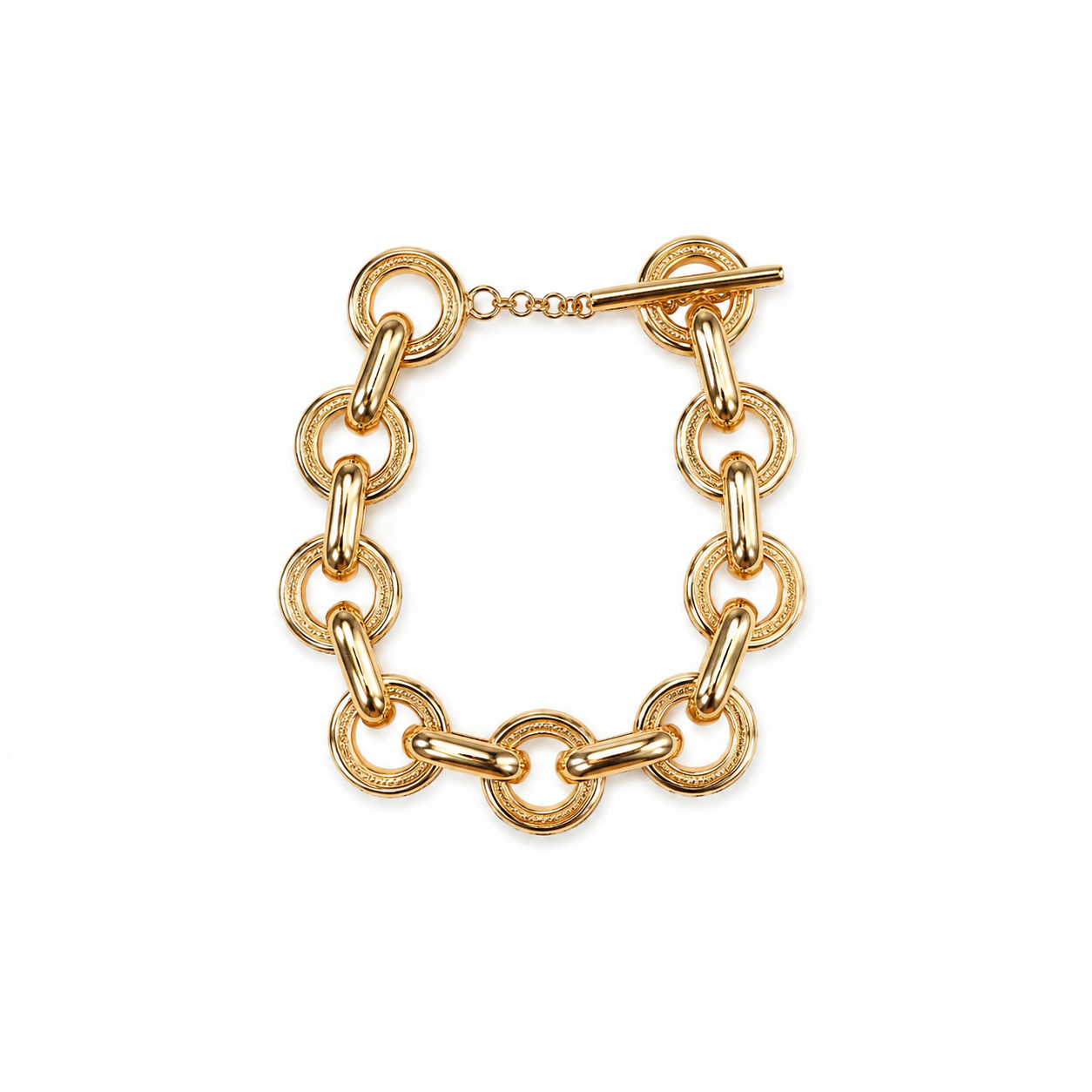 Interlocking Gold Link Toggle Bracelet with chunky gold-plated links and toggle closure. Available in S, M, L sizes.