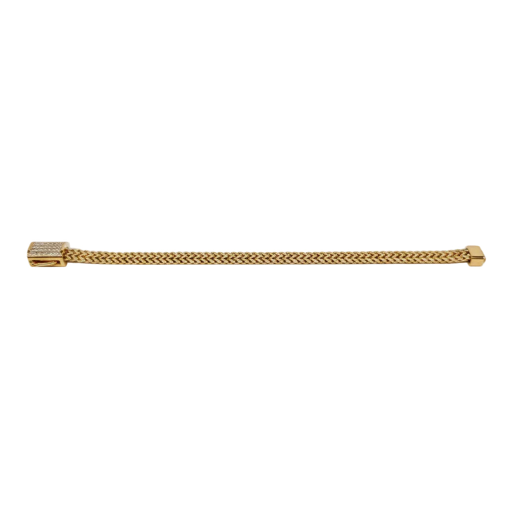 Gold braided flat chain CZ accent bracelet with rectangular magnetic clasp; available in multiple sizes.