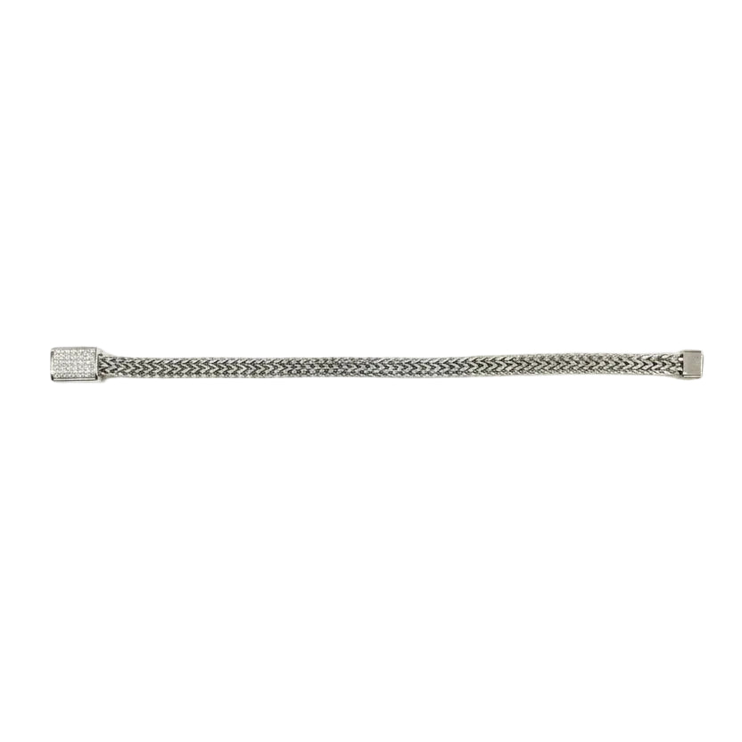 Braided Flat Chain CZ Accent Magnetic Bracelet with rectangular magnetic clasp, cubic zirconia accents. Sizes: S, M, L.