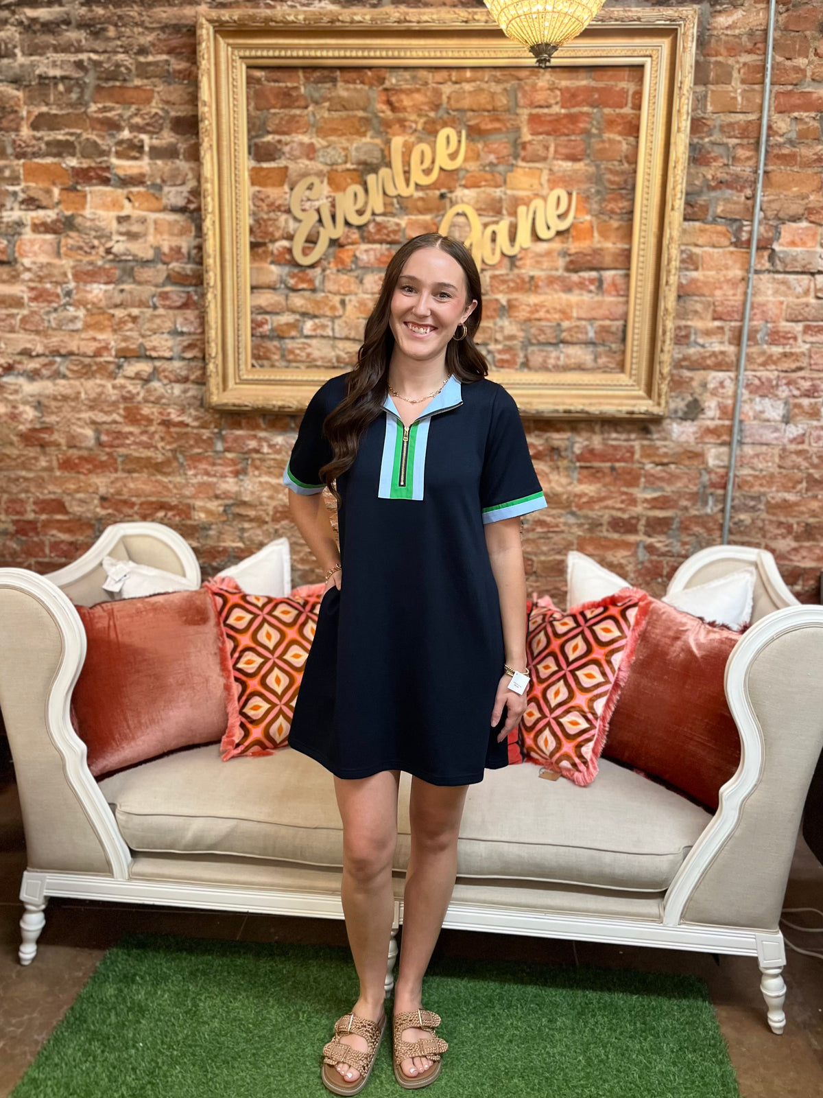 Short Sleeve Navy Zip Up Dress with front zipper. Available in sizes S-XL.
