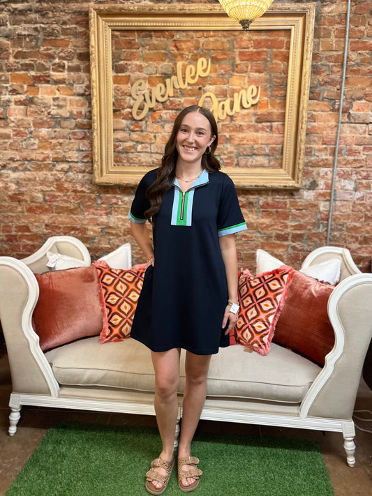 Short Sleeve Navy Zip Up Dress with front zipper. Available in sizes S-XL.