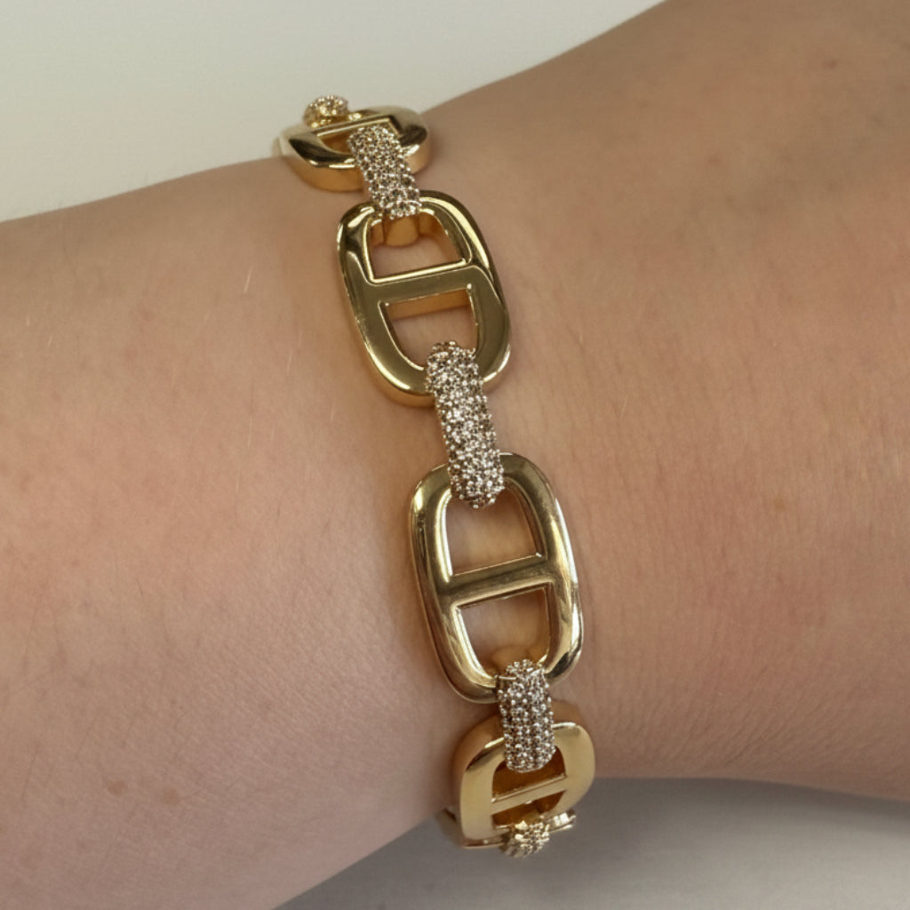 Dipped Metal CZ Hinge Bracelet with large oval links, diamond-like CZ connectors. Available in S, M, L sizes.