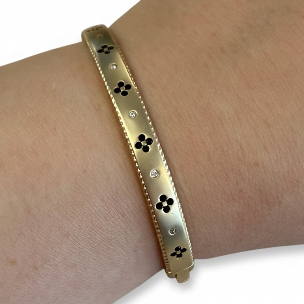 Dipped Metal CZ Hinge Bracelet with small black flower designs and tiny clear stones. Available in S, M, L sizes.